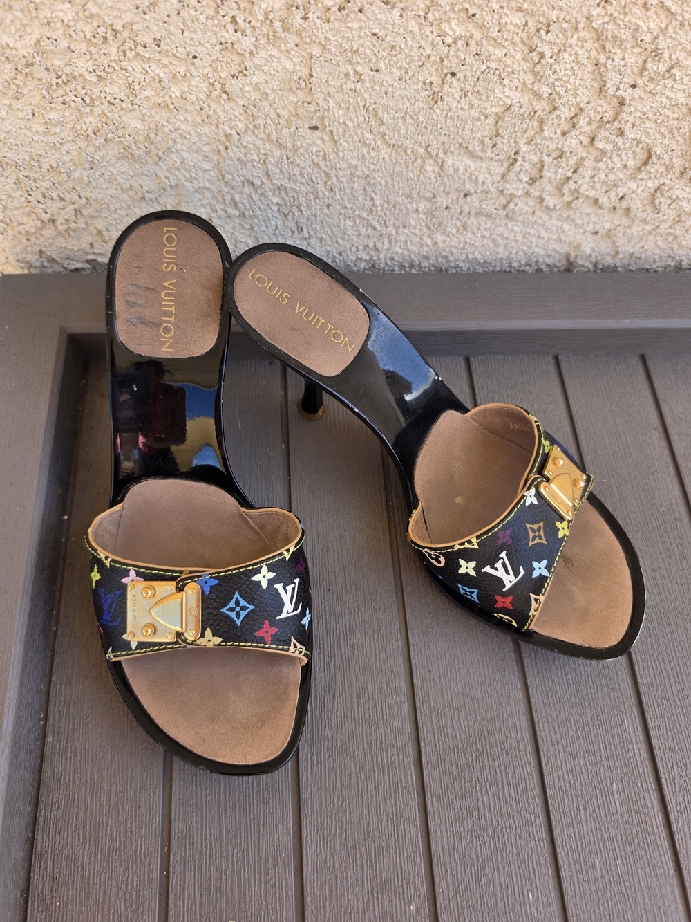 Authenti​c Louis Vuitton Multicolore Monogram Black Slide Sandal Heels Size 35.5